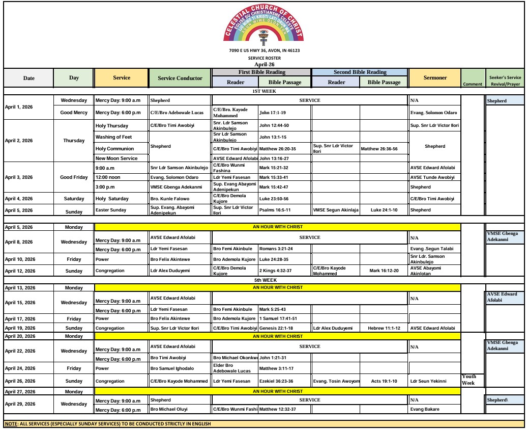 Monthly Service Roster - April 2026