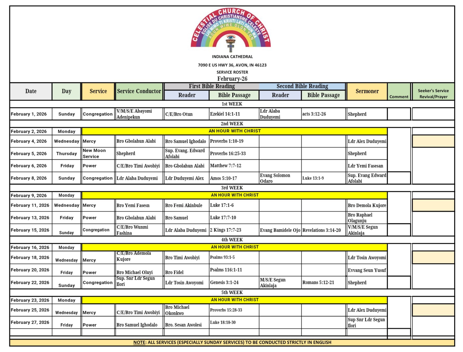 CCC Indiana Cathedral Service Roster - February 2026