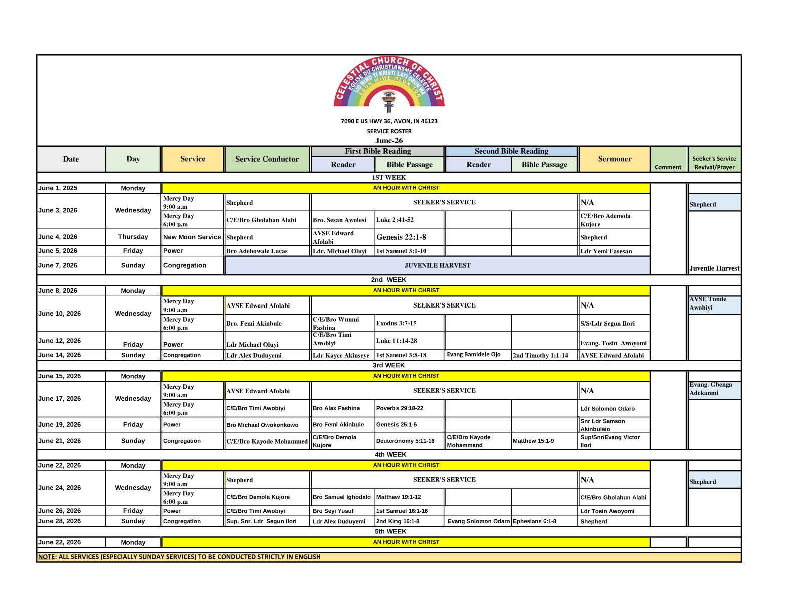 Monthly Service Roster - June 2026