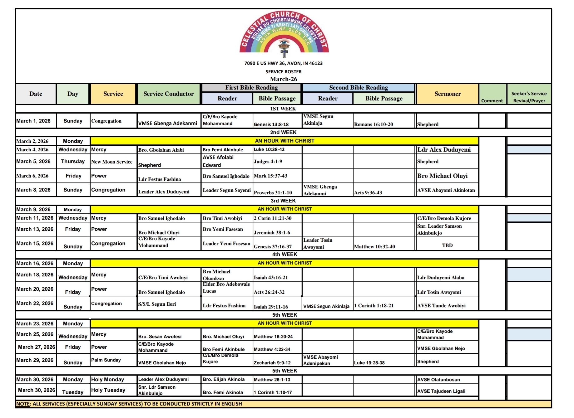 Monthly Service Roster - March 2026