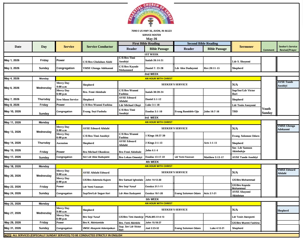 Monthly Service Roster - May 2026